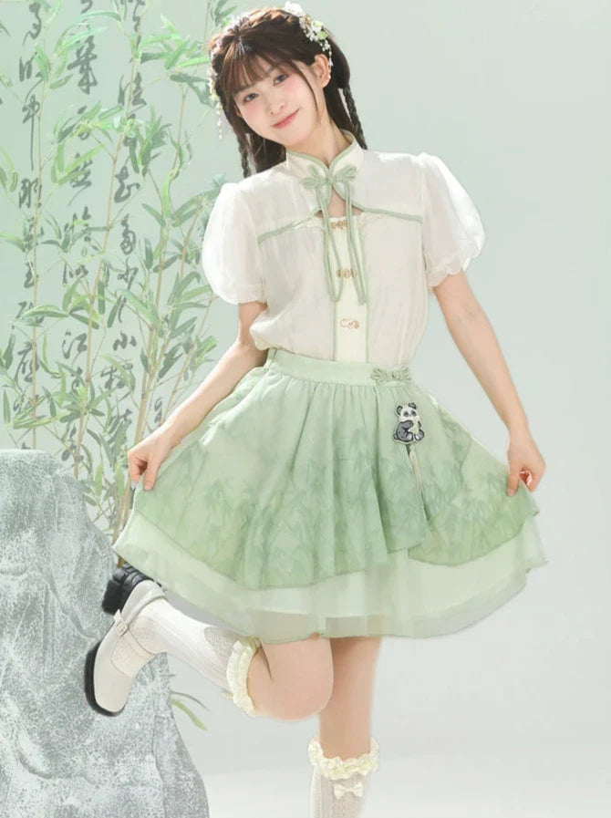 チャイナシャツスカートスリーブドレスパンダカンフーパフフーミント+シフォンセット