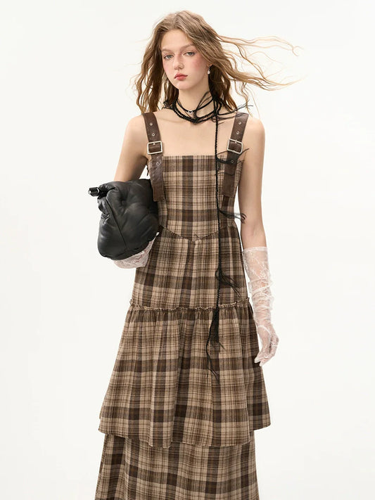 チェックレザーダメージサスペンダースカート
