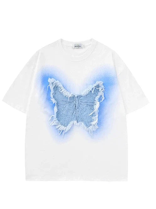 Sheer Loose Blue T-Shirt Butterfly Big
