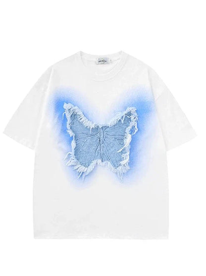 Sheer Loose Blue T-Shirt Butterfly Big