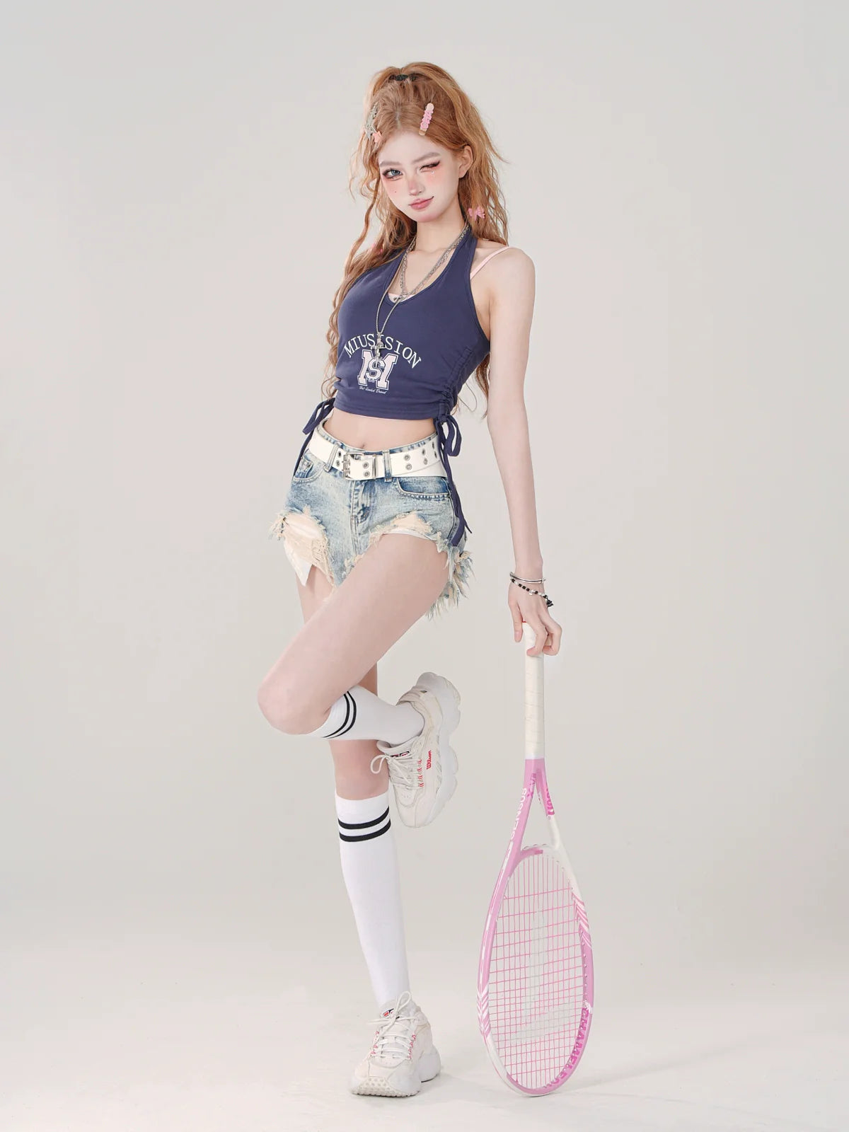 Neck Piece Clear Halter Suspender Two Top Blue