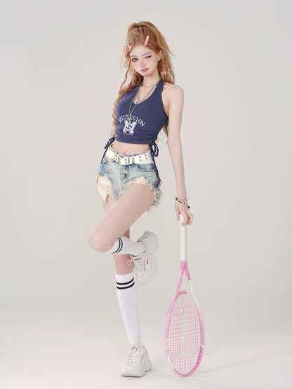 Neck Piece Clear Halter Suspender Two Top Blue