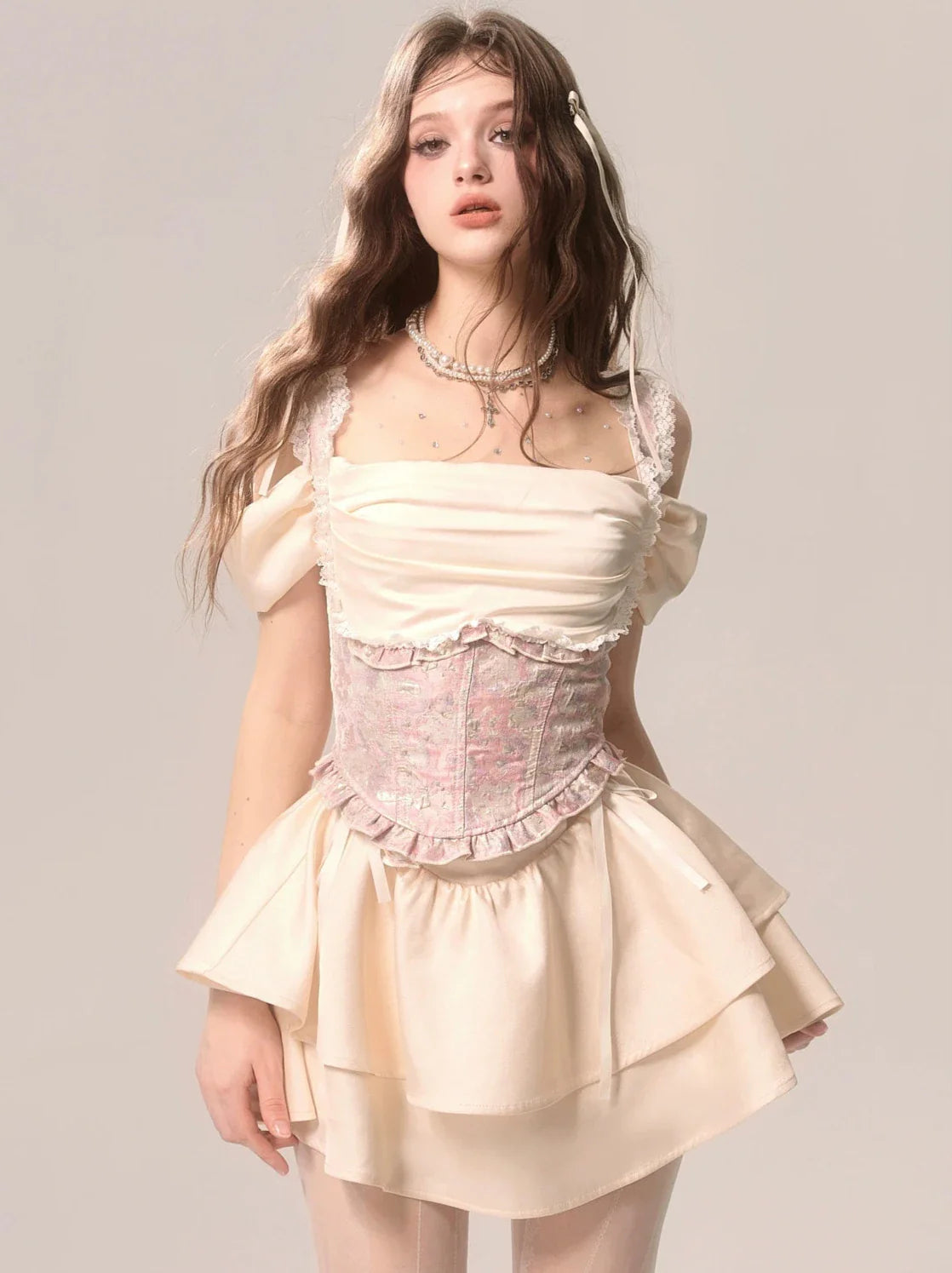 サスペンダースカート ニッチケーキ ロマンティックレーストップ フレンチ