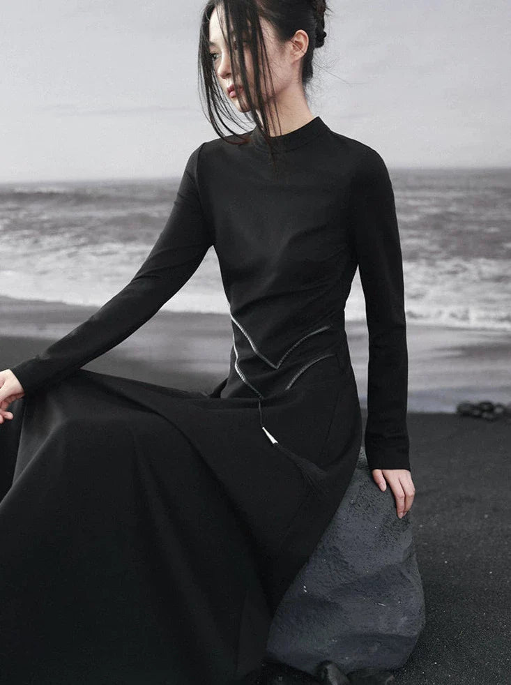 Retro Knit Leather Dress Asymmetrical China Tassel