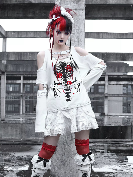 Dark Top Sleeve Chain Knit T-Shirt Strap Split