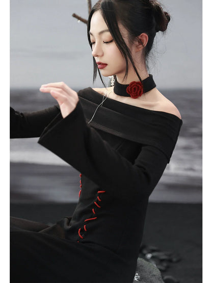 Off-the-shoulder Slim Slim Dark Draped Dress