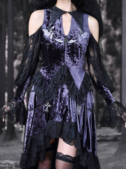 ルナフ ベルベット刺繍 ゴシックベルトップ レーススリーブカラー ポインテッド