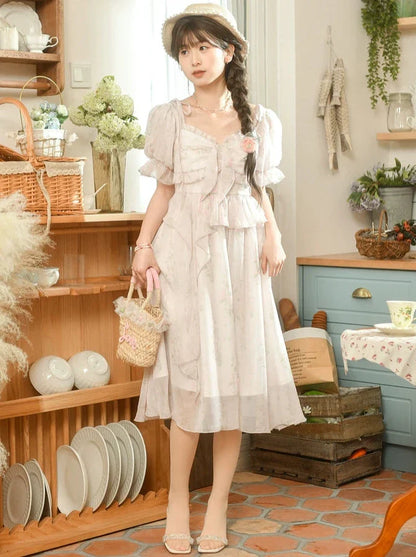 フローラルピンクのスクエアドレス シフォンオフショルダー