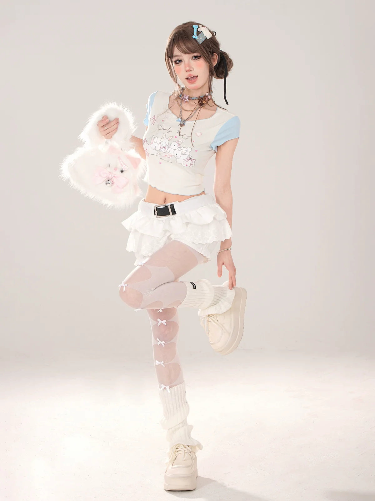 ショートTシャツ キュートなUネック フリルプリント ウサギ