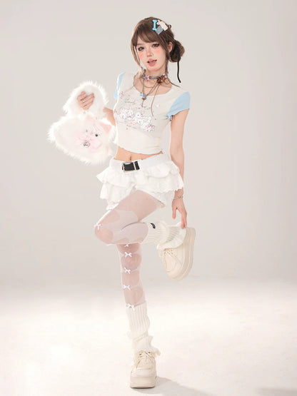 ショートTシャツ キュートなUネック フリルプリント ウサギ