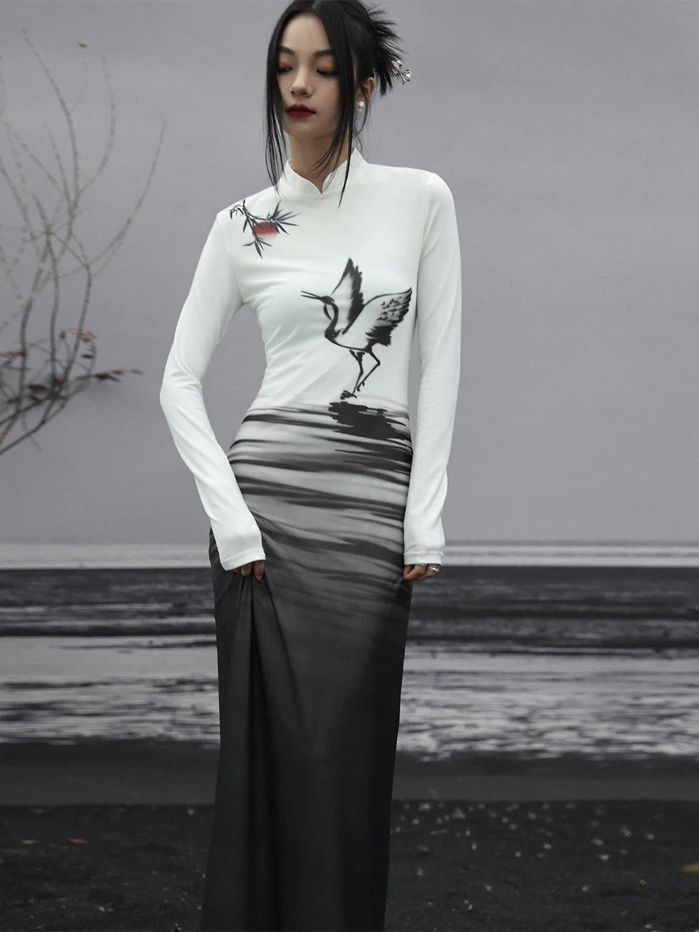 Langes Kleid Malerei Strick Slim China Print Tinte