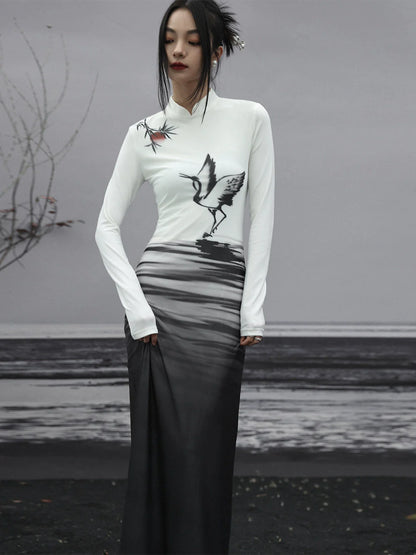 Langes Kleid Malerei Strick Slim China Print Tinte