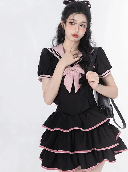 Sailor Flared + Rock Taille Puff Ribbon Cake Top + Ärmel Hals