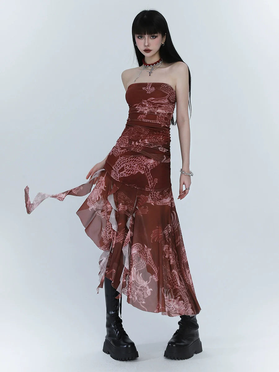 Robe d'été asymétrique caraco rouge foncé
