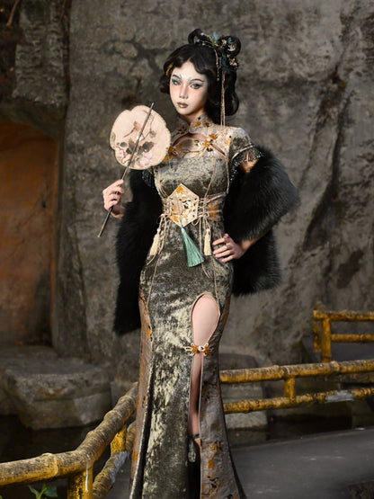 Kleid Meerjungfrau Lang Festival Drachen Chinesisch Schlitz Schnalle Schlank