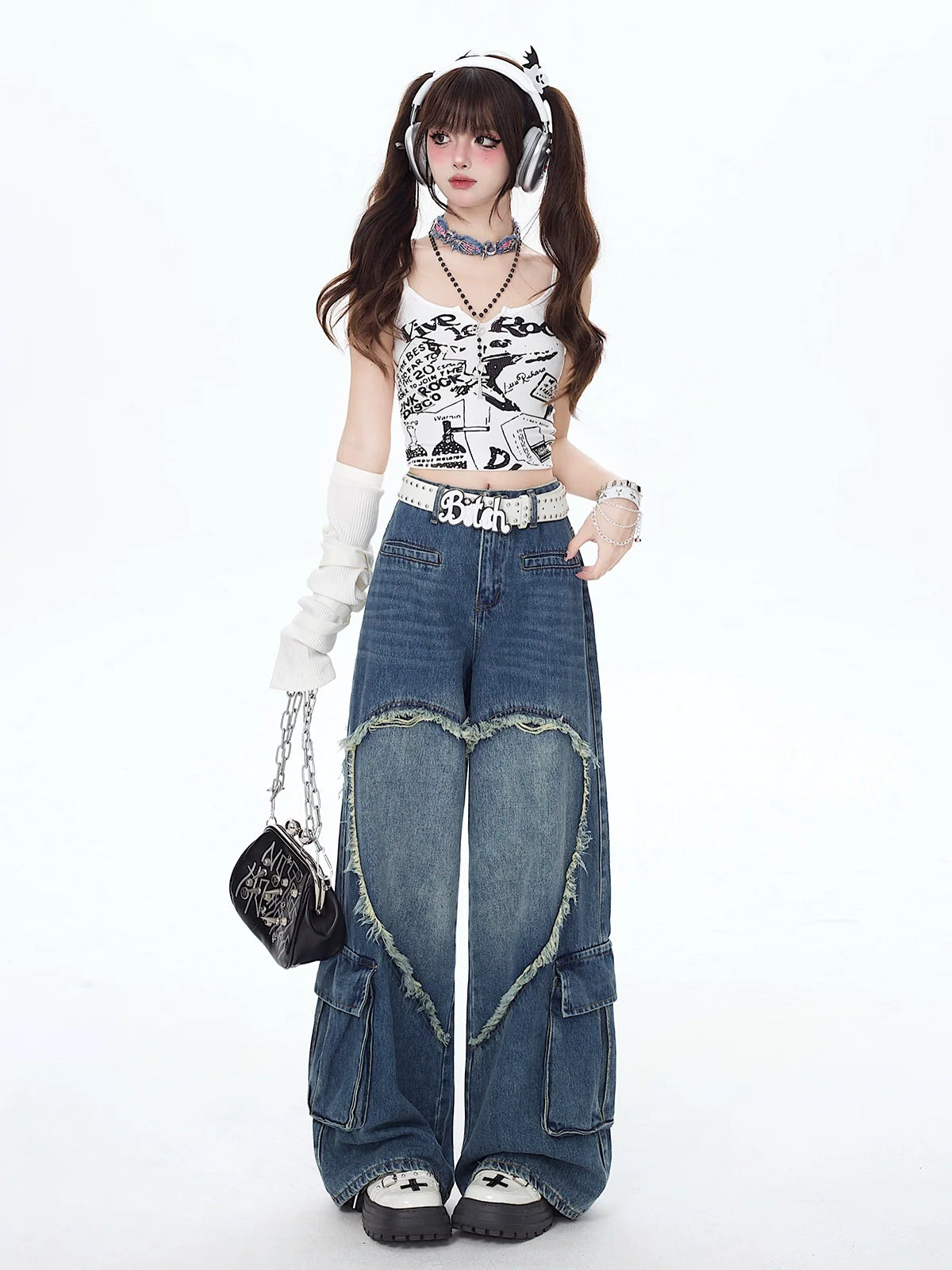 Big Wide Denim Pants Heart Loose