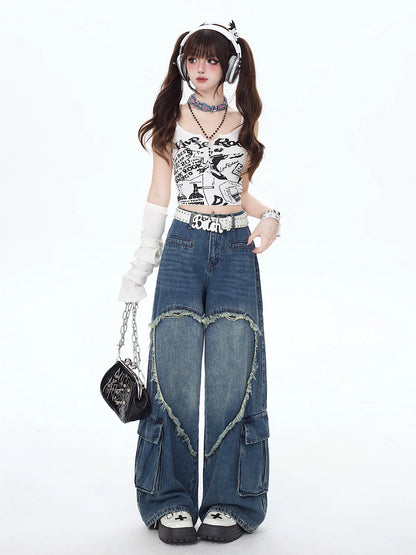 Big Wide Denim Pants Heart Loose