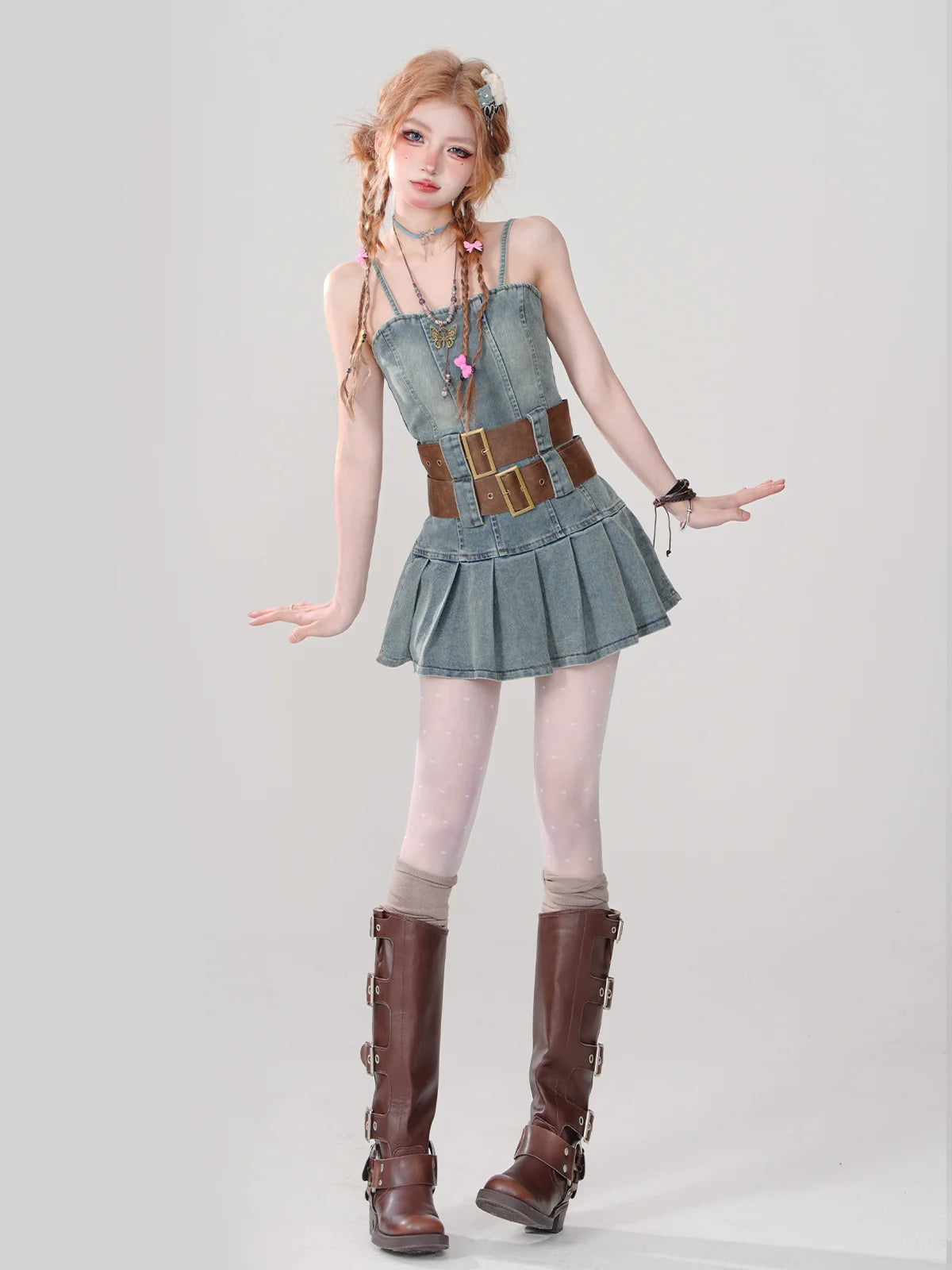 ホットなレトロデニムプリーツスタイルドレスガールサスペンダー