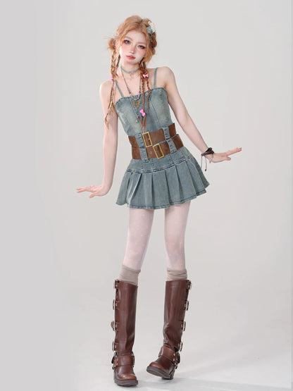 ホットなレトロデニムプリーツスタイルドレスガールサスペンダー