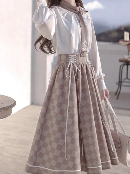 ローズスカート レトロ + ブローチ ジャケット ボウシャツ ネクタイ フレンチチェック ショートスーツ レースアップ
