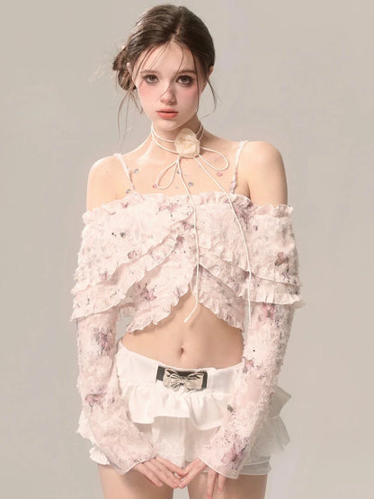 Chiffon-Top mit Rüschenträgern und Schmetterlings-Ausschnitt, schulterfrei, Spitze