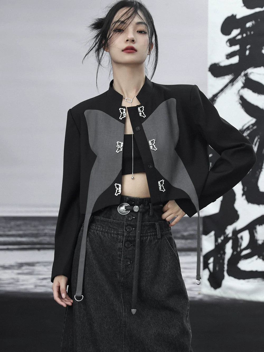 Zweifarbiges silbernes Top mit kurzem Design und Schmetterling