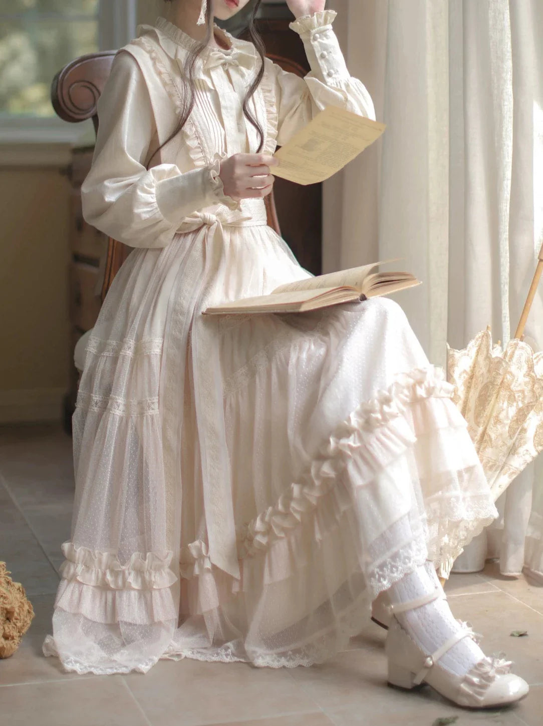 Gepunktetes Taillentop Lolita Rüschenband Leichtes Sommerkleidhemd Elegant + Spitzenband Süß