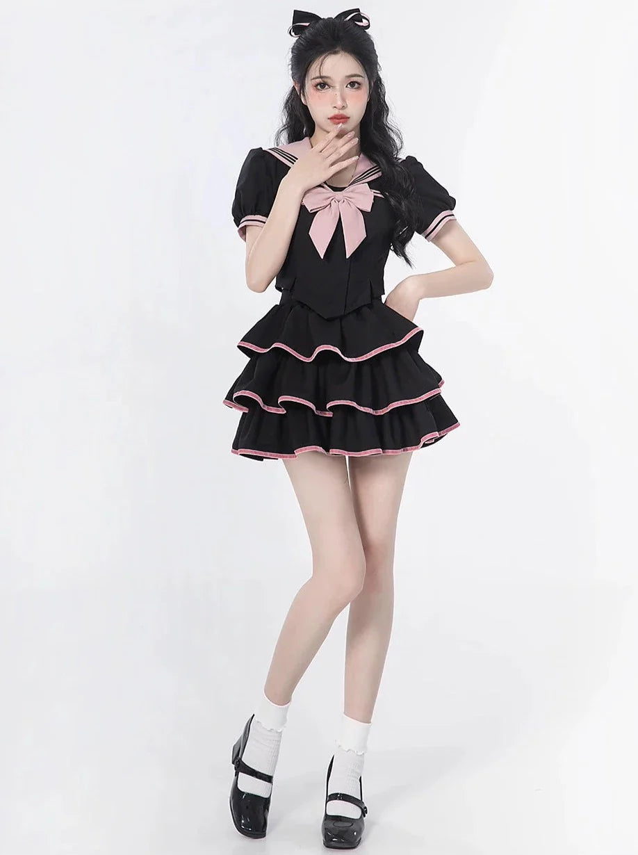 Sailor Flared + Rock Taille Puff Ribbon Cake Top + Ärmel Hals