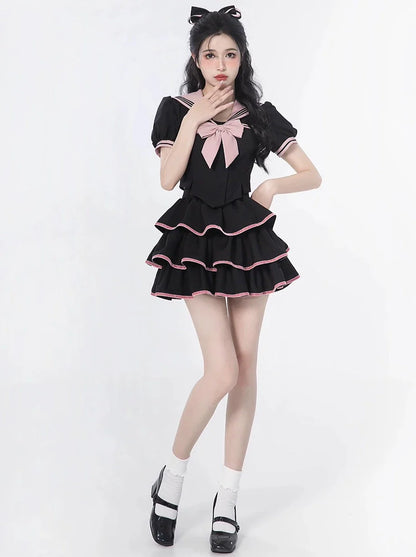 Sailor Flared + Rock Taille Puff Ribbon Cake Top + Ärmel Hals