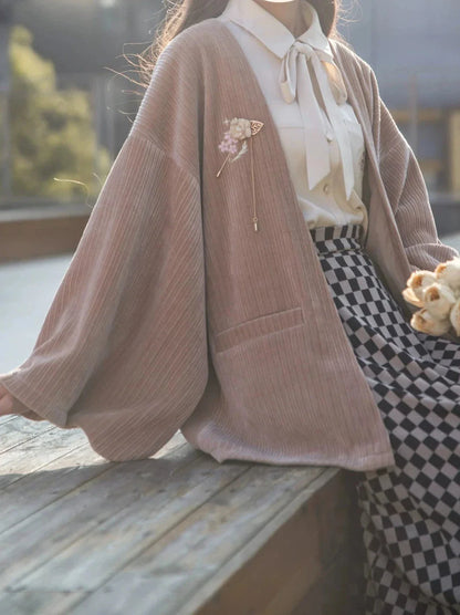 Chiffon Jacket Skirt Retro + Ribbon Checkered Dark Feather Skirt Shirt + Note Showa Brooch Cherry Gray
