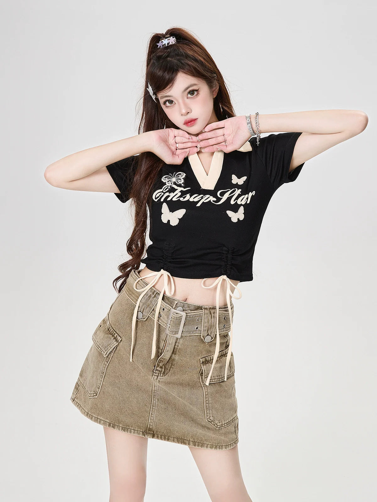 String Low Bow Polo Butterfly Kurzkragen Top V-Ausschnitt