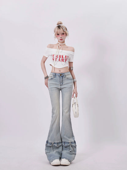 Schulterfreies, kurzes amerikanisches Top mit Logo