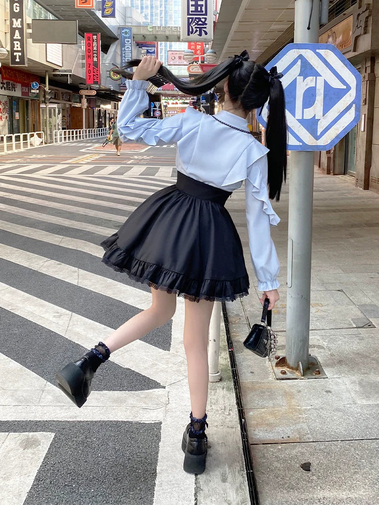 Hoch ausgestelltes Blau + Taillenbluse Süßer Rock