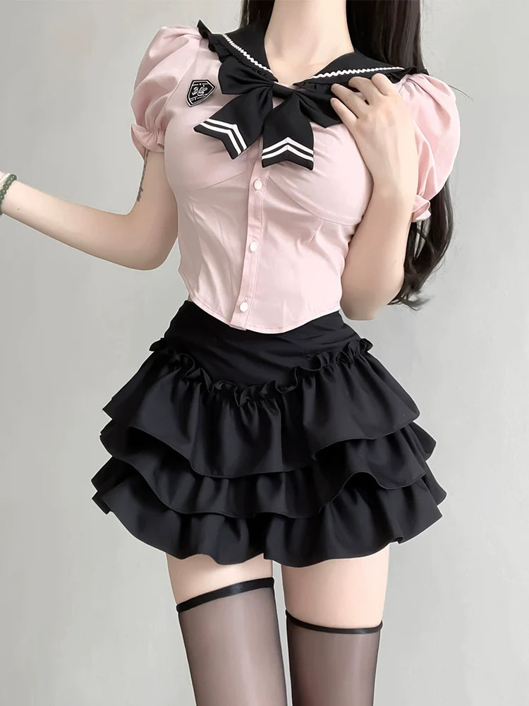 女の子のパフフレアスカートリボントップフリルスリムスイートスリーブ