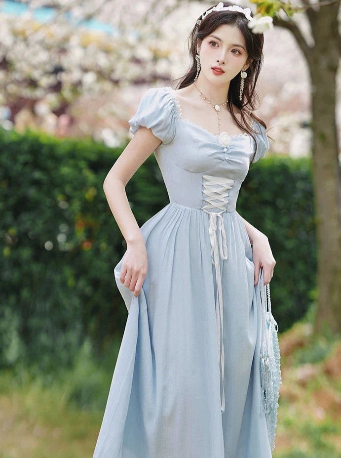 レースアップドレス ウエストネック フランス スクエア T-ブレイク