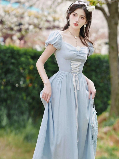 レースアップドレス ウエストネック フランス スクエア T-ブレイク