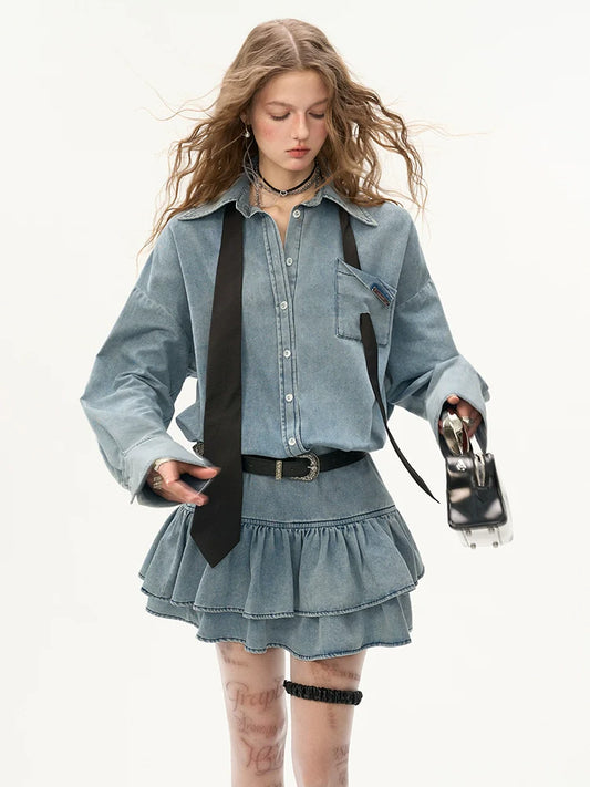 Ruffle Denim Shirt Flared Retro Dress