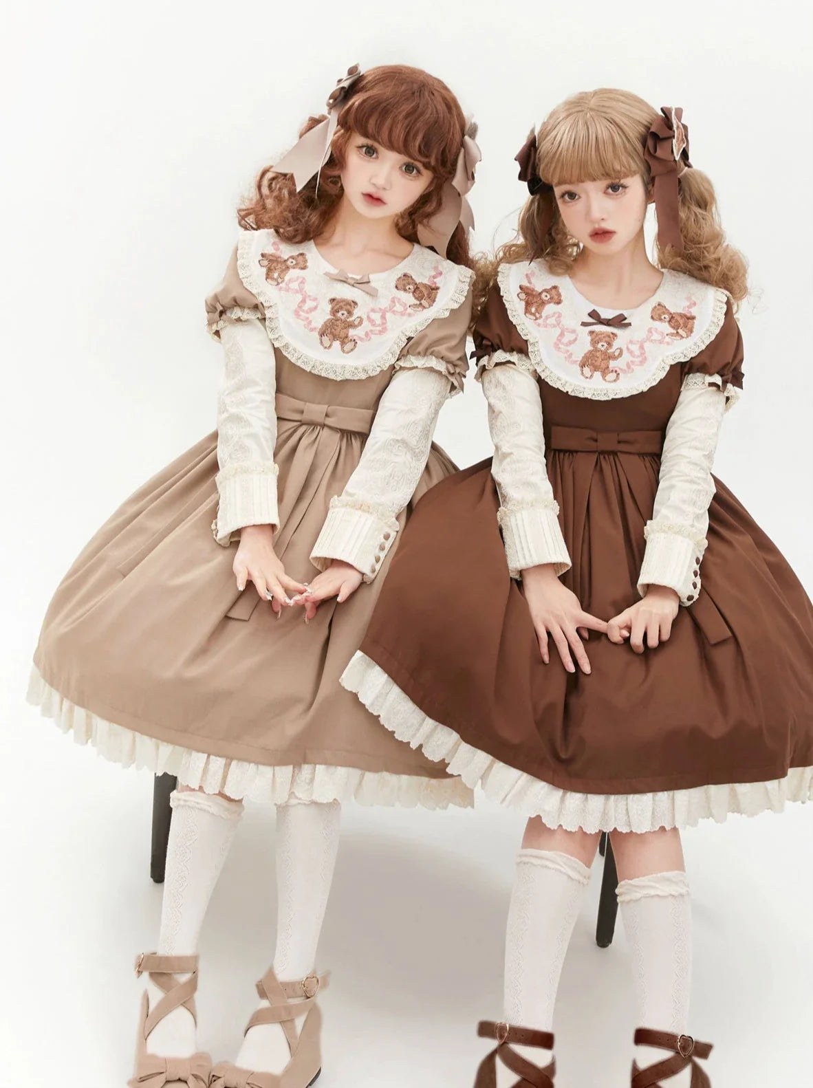 ロリータテディベアフラップレースパフスリーブリボンデレス