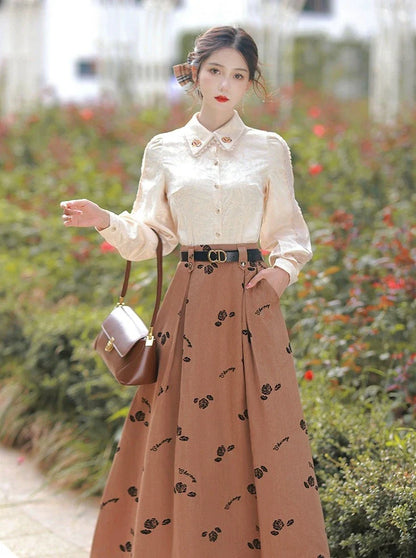 ロングブラウス＋フラワーレトロスカート