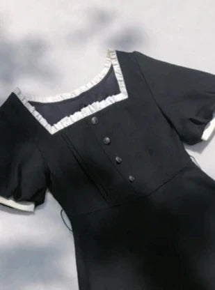 Black Necklace Pearl Dress Retro Ribbon Square French Ribbon Waist + Catsuit Black Collar