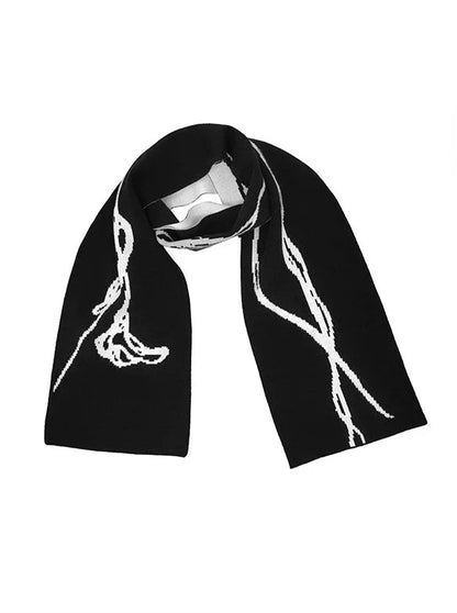 Scarf White Contrast Knit Black and Design Shawl