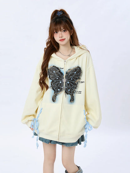 Jacke mit Kapuze, locker, Schmetterling, Sweatshirt, Band