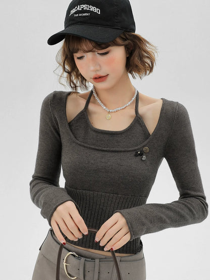 Top Halter Neck Slim Knit Piece Faux Ribbon Two