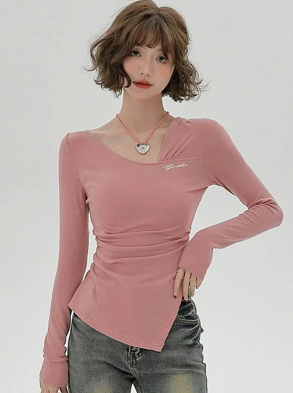 Slim Oblique Long Pleated T Design Shoulder