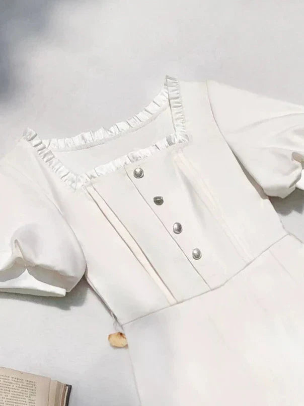 Satin Collar Square Apricot + Belt Retro Pearl Dress French