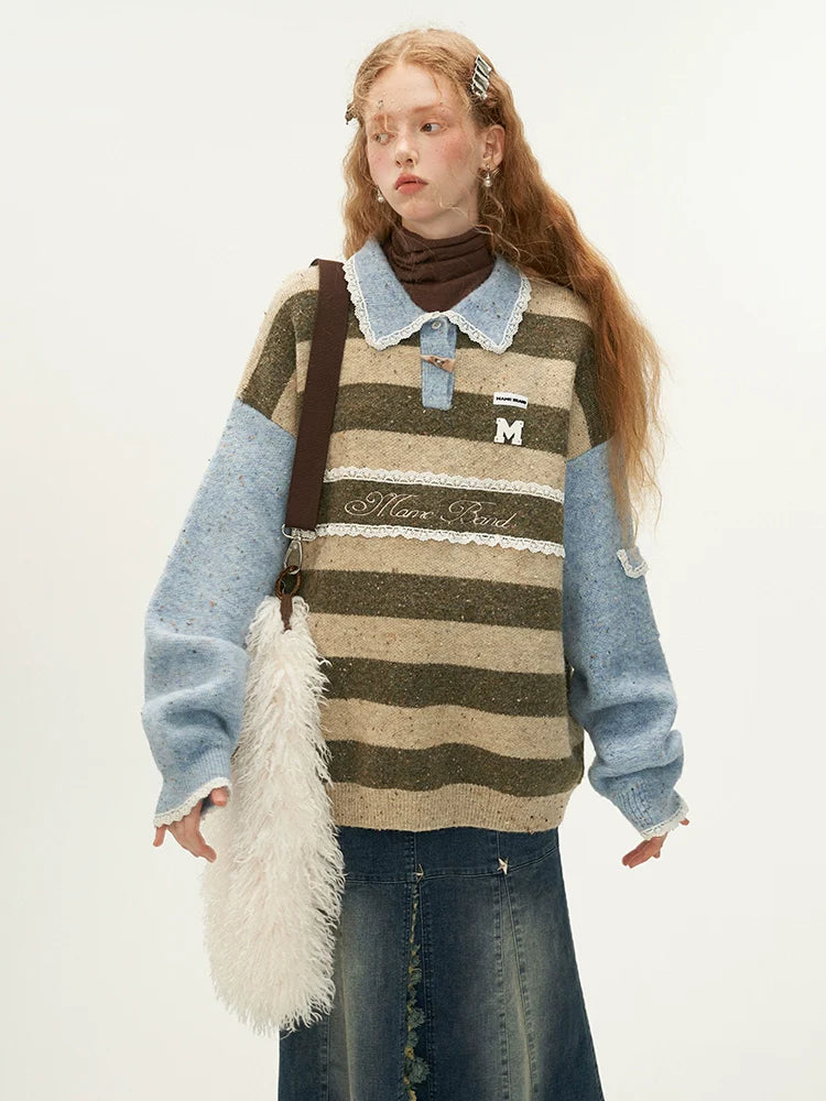 Polo Striped Sweater Retro Lace Pullover