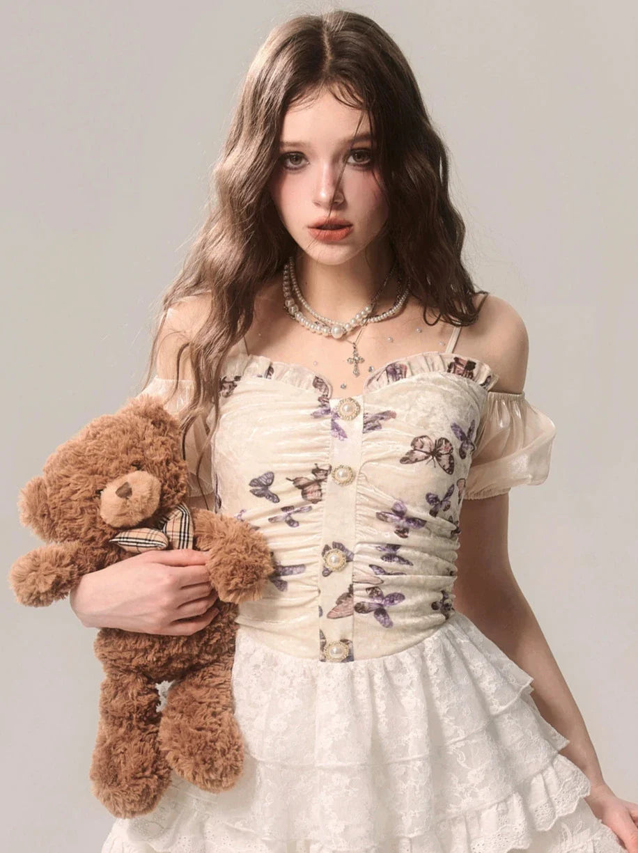 サスペンダーオフショルダーケーキベルベットバレエバタフライレーススタイルフレンチトップ+ホワイトスカート