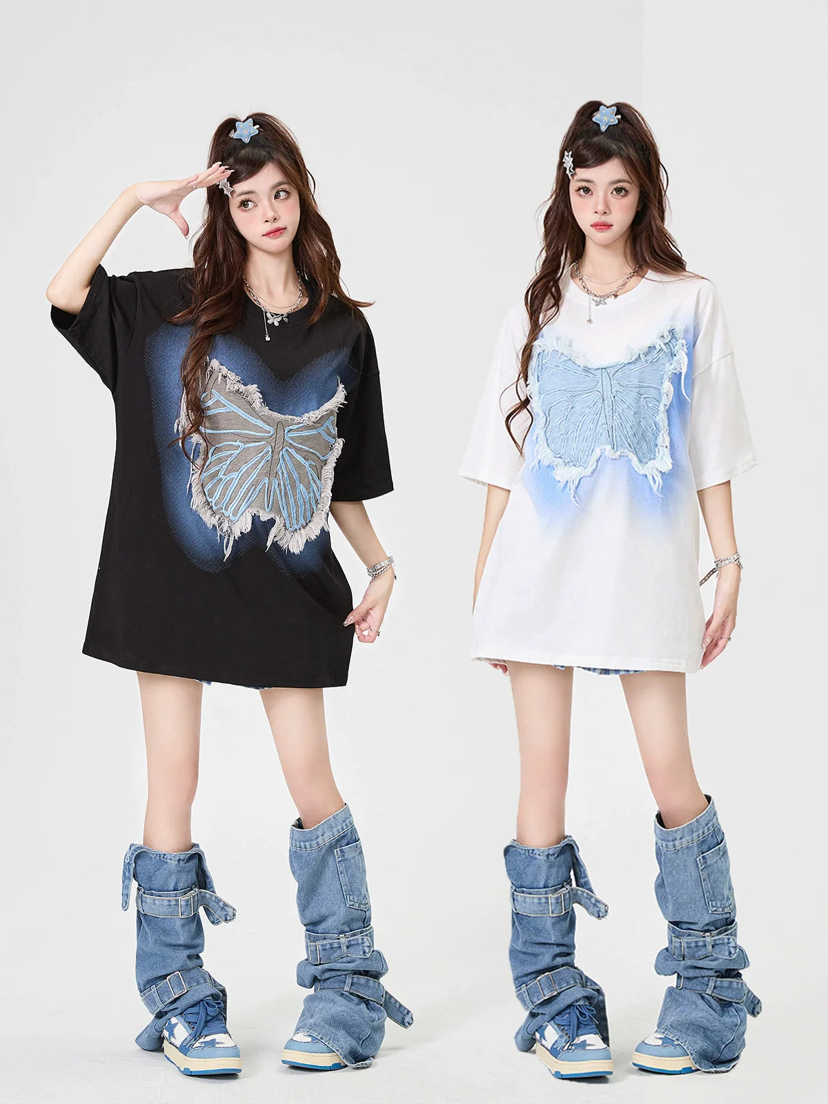 Sheer Loose Blue T-Shirt Butterfly Big