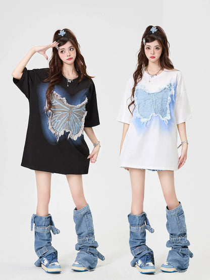Sheer Loose Blue T-Shirt Butterfly Big