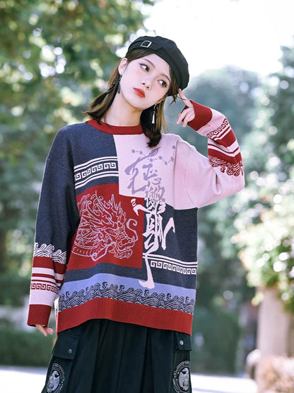 Round Style China Color Neck Knit Loose Contrast New Block